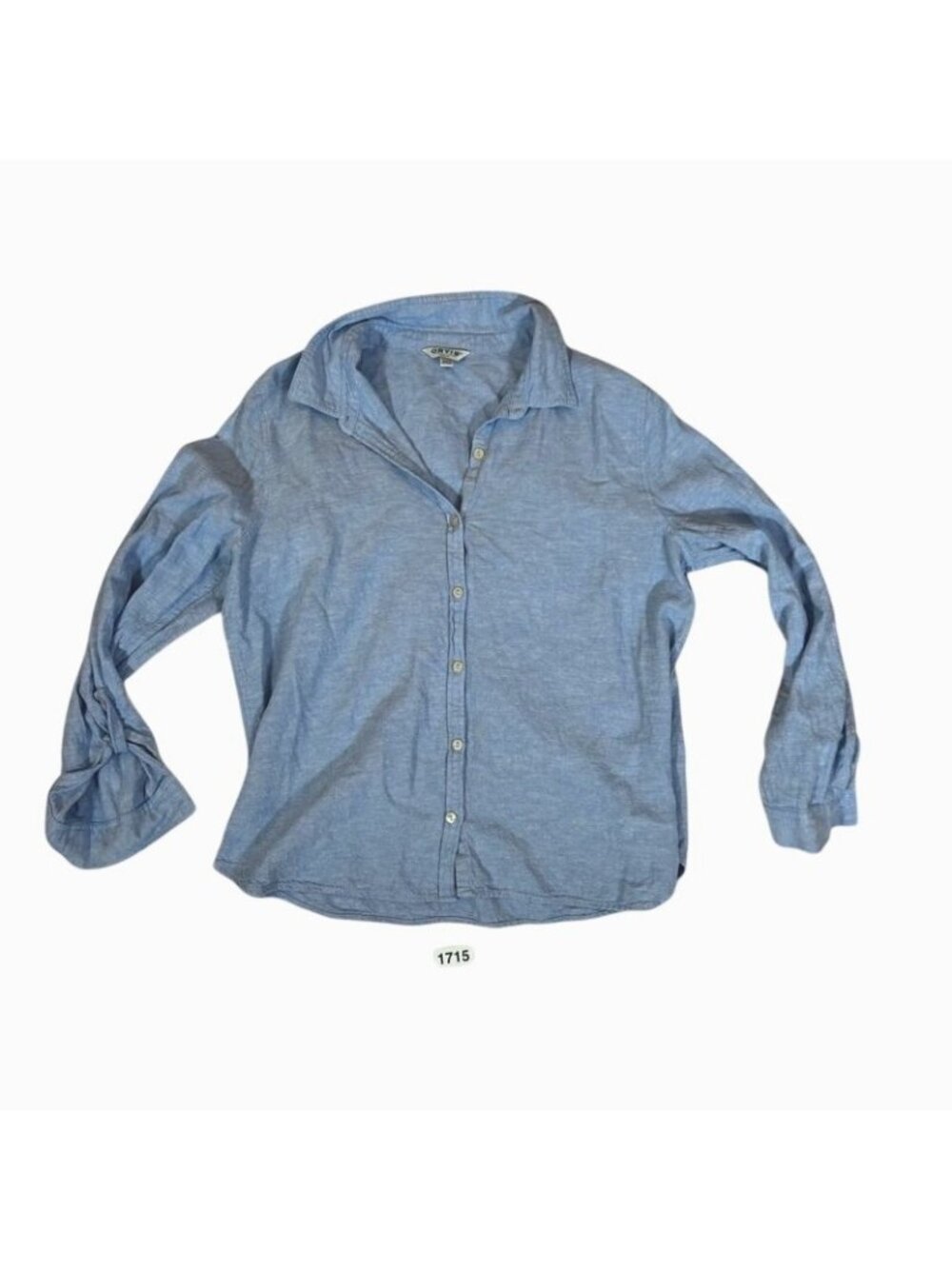 Orvis Button Front Shirt Women's XL Blue Linen Geo Long Sleeve Roll Tab Collar